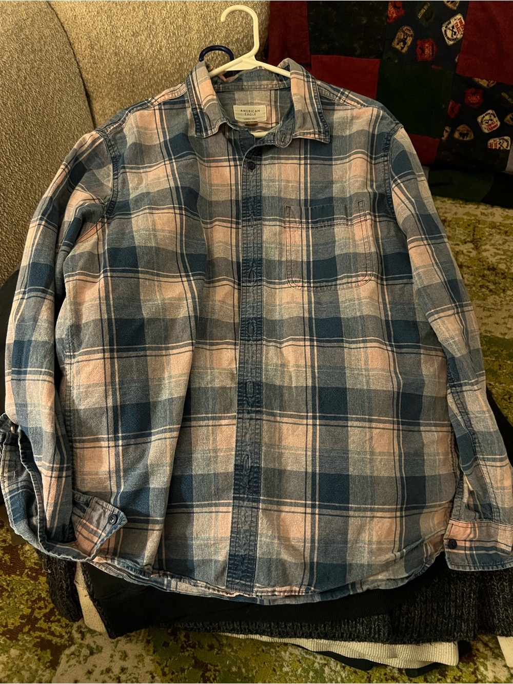 American Eagle Outfitters Blue and Pink Plaid Button-Down Shirt